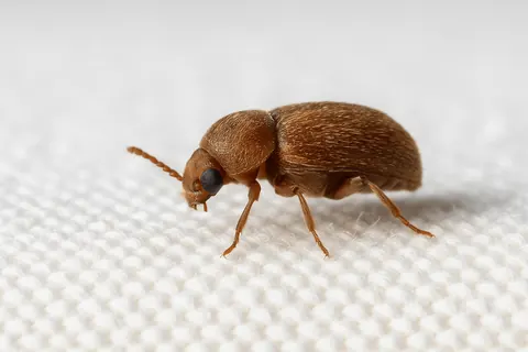 Drugstore beetle on pale fabric